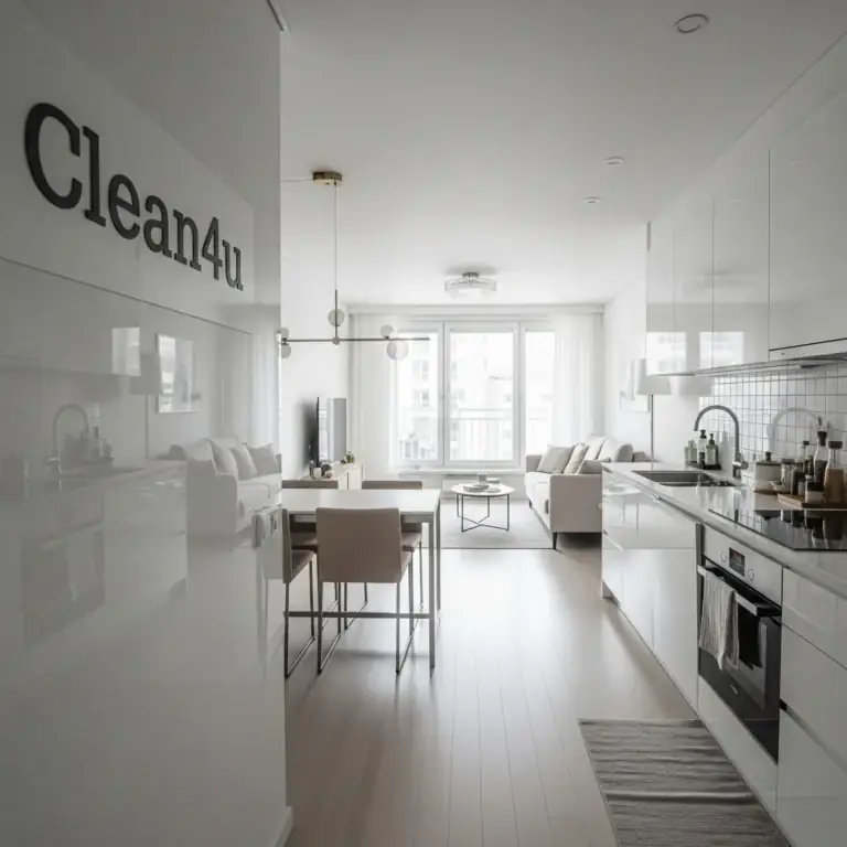 Tiszta, rendezett konyha és nappali lakástakarítás után – Clean4U