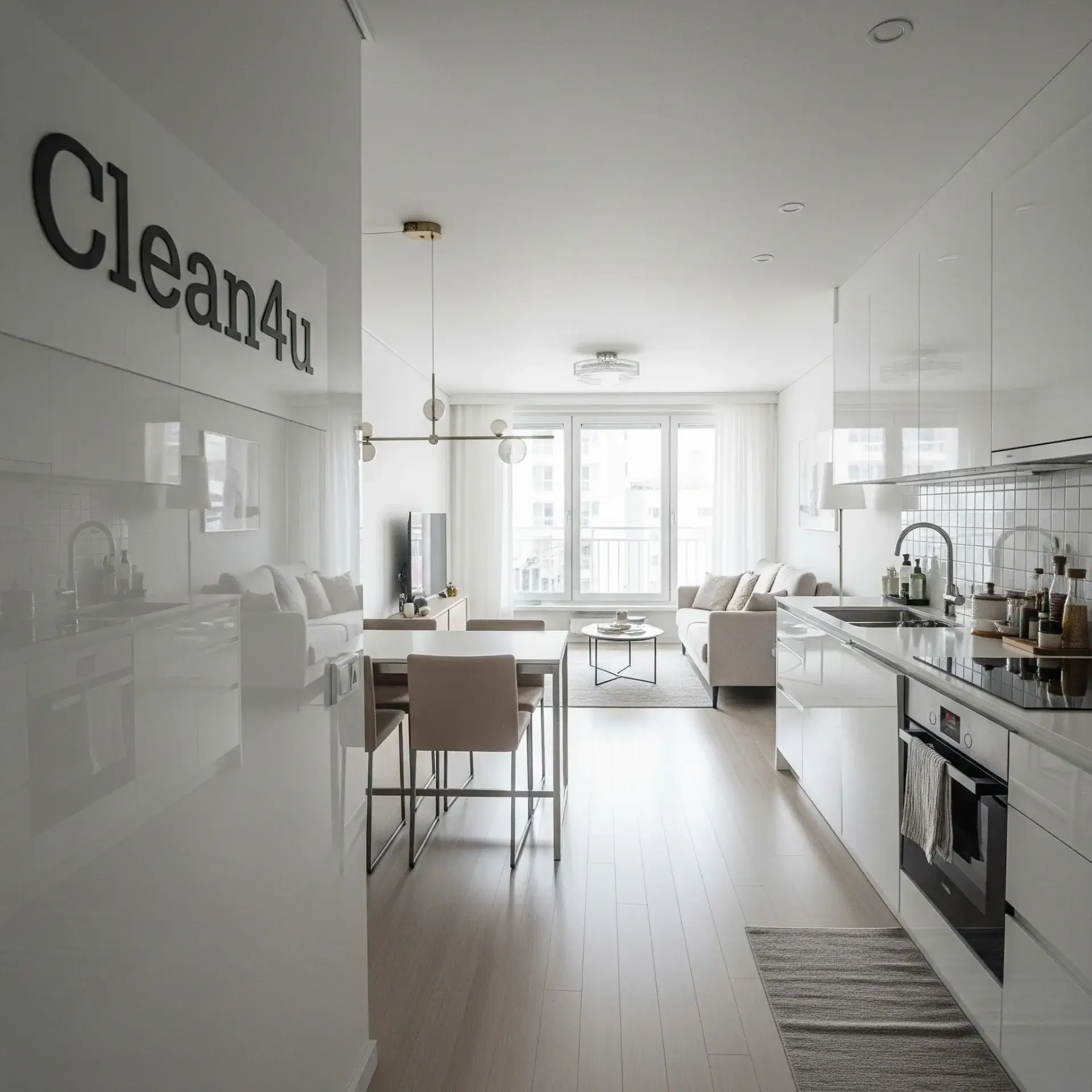 Tiszta, rendezett konyha és nappali lakástakarítás után – Clean4U